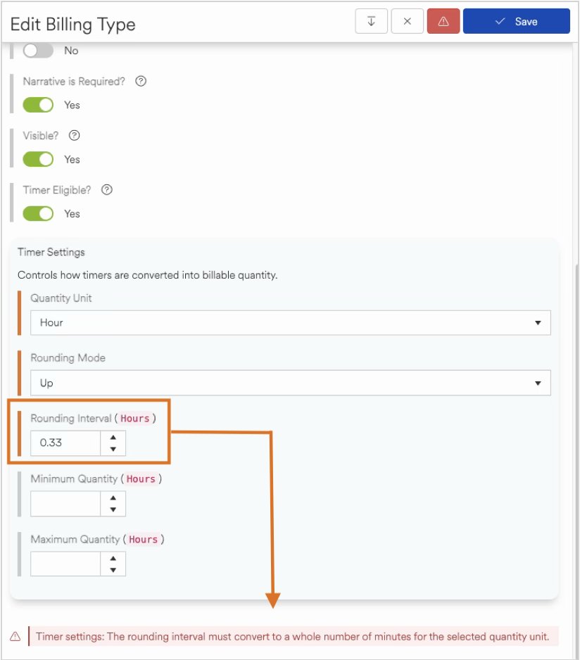 Settings for billing type with highlighted rounding interval and warning message below.